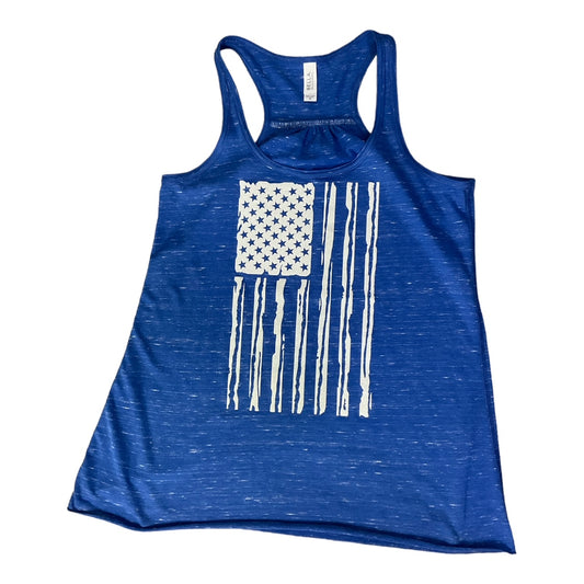 Distressed American Flag Ladies Glitter Flowy Racerback Tank Top